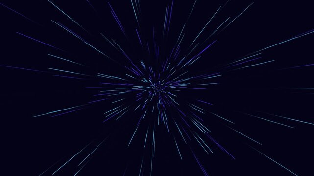 Abstract starburst explosion of blue and purple lines on dark background, futuristic hyperspace warp tunnel motion effect, digital visualization.