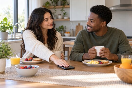 Interracial couple enjoying breakfast together, sharing screen and engaging in conversation. concept of multicultural relationship, morning lifestyle, and technology use