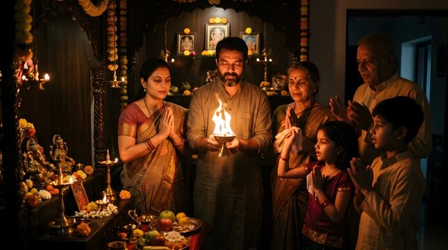 Indian family performing evening prayer ritual at home shrine with lamp