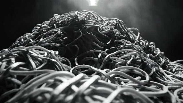 Black and white close up of a mountain of noodles, food art with light above and smoke