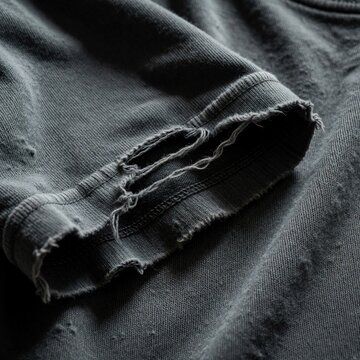 Closeup of grey distressed t-shirt sleeve with ripped hole. Worn out cotton fabric shows raw edges, frayed texture. Casual street style apparel features damaged detail, vintage grunge look for urban