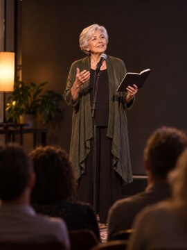 Senior woman reading book on stage and speaking into microphone before audience. Public speaking, poetry reading, storytelling, education and cultural event concept