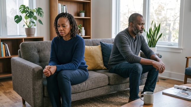 Sad African American couple sitting apart on gray sofa in bright home living room. Upset man and woman sulking after quarrel at home. Concept of relationship conflict, misunderstanding