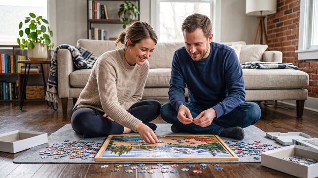 Happy couple assembling jigsaw puzzle on floor of bright living room with sofa and plants. Concept of home leisure, couple hobby and relaxing weekend activity indoors