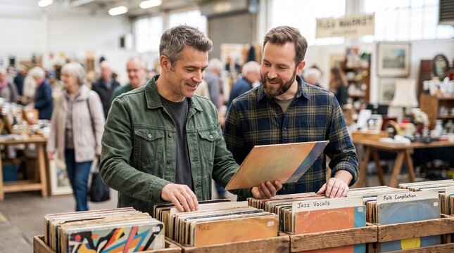 Two men browsing vinyl records in wooden crates at flea market stall. Friends shopping for secondhand music albums among antiques and fellow shoppers. Concept of collecting, hobbies, weekend