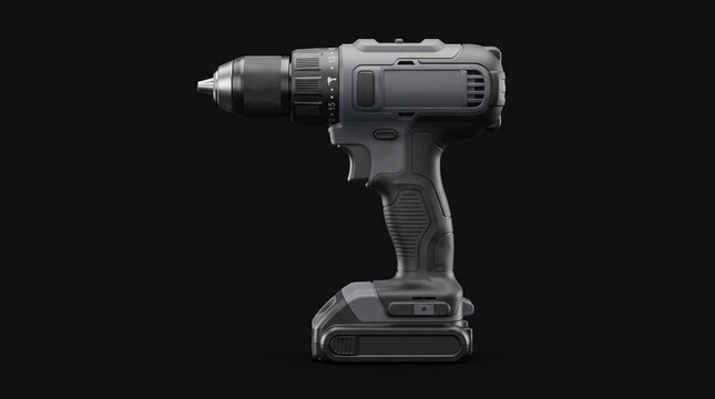 A modern cordless power drill isolated against a solid dark grey studio background for display with grey battery powered side view grey powered hand craftsmanship