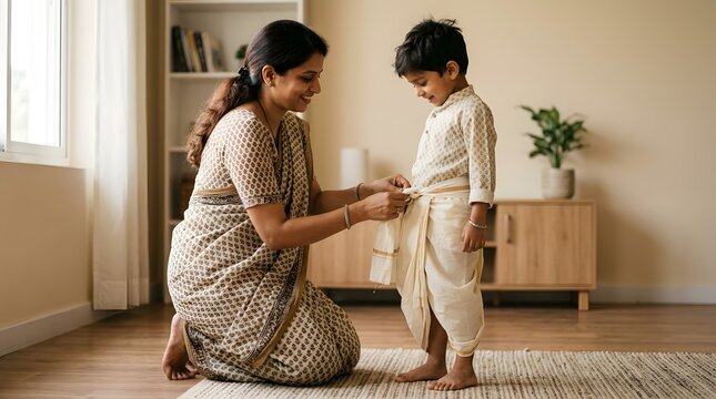 Mother Helping Her Son Dress in Traditional Ethnic Clothing at Home