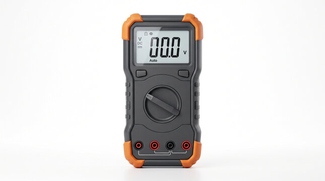 A digital multimeter with a black and orange casing displayed against a plain white background with solid white surface orange body rests professional electronics
