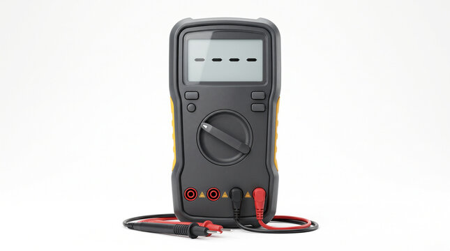 A digital multimeter with testing probes positioned on a clean white background for technical measurement with multimeter stands upright testing leads connected