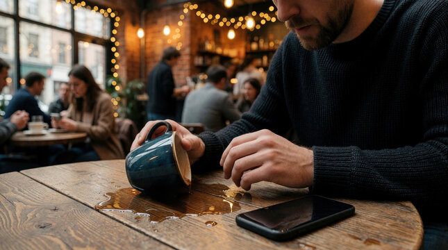 Frustrated man reacts to coffee spill on wooden table in busy cafe. Liquid flows near smartphone on rustic surface. Upset male customer deals with accidental drink mess, mishap during morning break