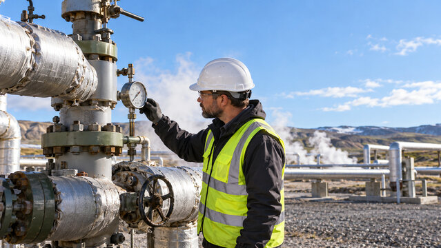 Geothermal Technician Checking Wellhead Pressure Gauge