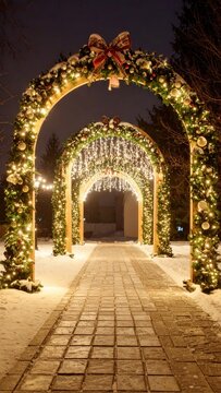 Christmas holiday celebration and winter festive season illuminated archway tunnel with lights and decorations on a snowy path in a park at night