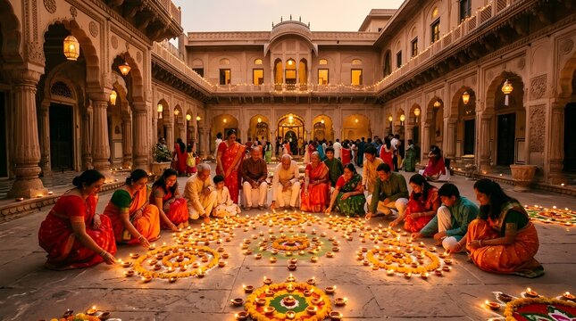 People celebrating festival with lamps and flowers in stone courtyard