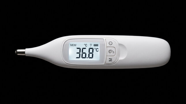 A white digital thermometer displaying thirty six point eight degrees celsius against a solid black background with thermometer body temperature temperature reading