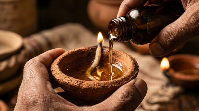 Pouring oil from a glass bottle into a traditional clay lamp with a burning wick held gently in hands during a cultural celebration