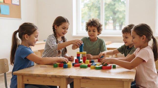 Diverse group of elementary students building a tower with colorful wooden blocks in classroom