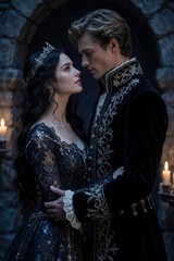 Obraz premium Romantic couple in ornate medieval attire gaze at near stone archway. Man, woman wear elegant dark fantasy costumes with gold embroidery. Lovers express deep affection in historical setting for book