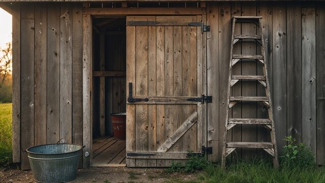 Weathered wooden shed with an open door and a leaning ladder