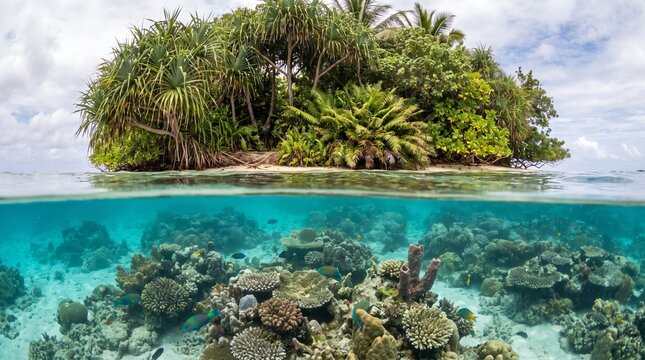 Split-level view of tropical coastline, showing lush shore vegetation above and vibrant coral reef beneath ocean water, peaceful scenery