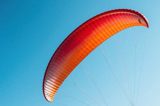 Colorful orange paraglider wing flies high in clear blue sky. Close up view of parachute canopy with thin lines. Extreme sport activity for adrenaline lovers. Paragliding glider soars through air on