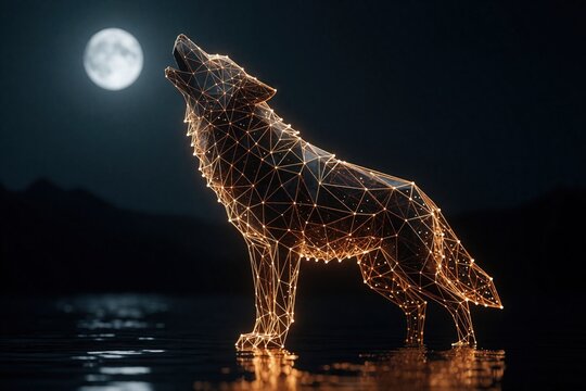 Abstract geometric wolf made of glowing orange lines, dots. Digital wireframe animal howls at full moon in dark night. Cybernetic predator silhouette stands in water with light reflections.