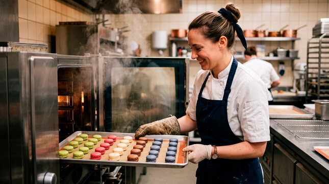 Pastry Chef Smiling While Taking Freshly Baked Macarons Out of Oven