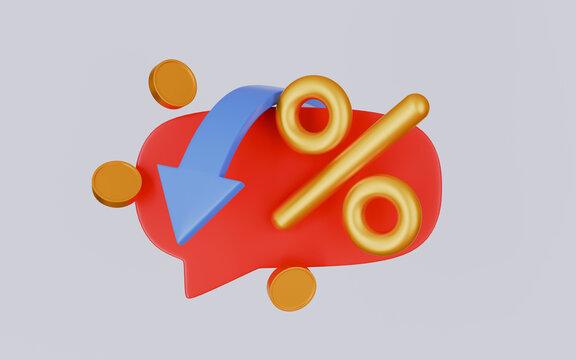 Arrow with percent and flying coins, Low price 3d icon, Discount offer illustration