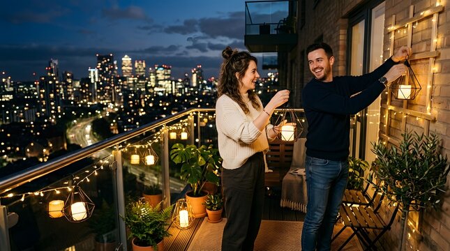 Young couple hanging festive fairy lights and lanterns on an apartment balcony overlooking a glowing city skyline at night