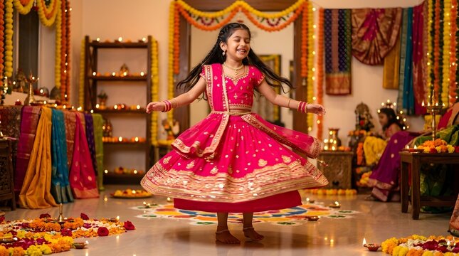 Young Indian girl in pink traditional festive dress dancing joyfully