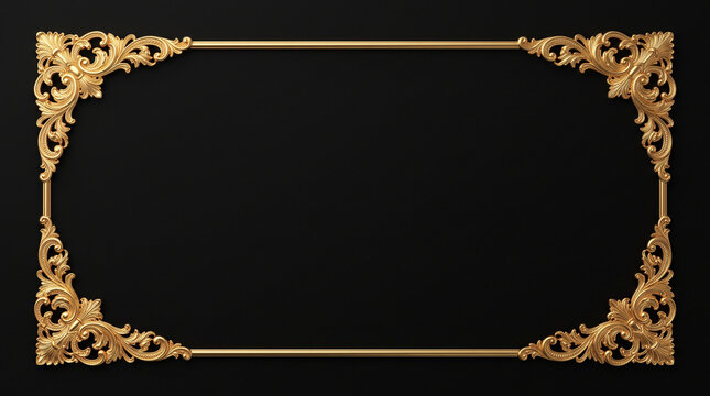 A rectangular ornate gold frame border featuring intricate decorative scrollwork isolated on a plain black background with elaborate golden filigree filigree corners sits