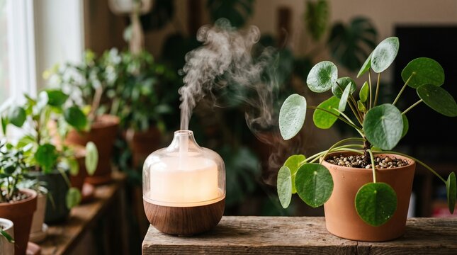 Diffuser emitting mist, surrounded by lush green houseplants.