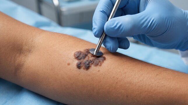 Dermatologist performing a skin biopsy on a suspicious dark mole on patient's arm