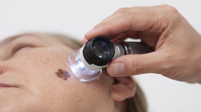 Doctor utilizing a handheld dermatoscope to inspect an atypical melanocytic nevus on a woman's cheek