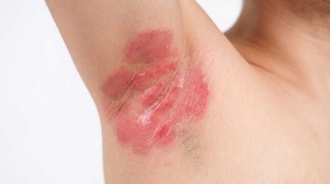 Close up of a severe red rash, intertrigo or psoriasis in the armpit of a male patient