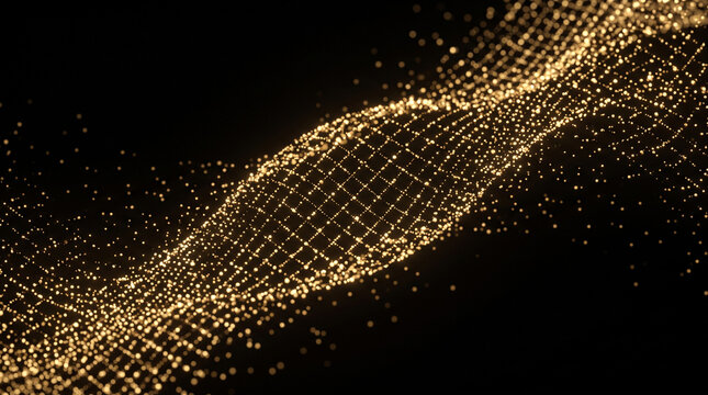 A flowing wave of glowing golden particles forming a grid pattern against a black background with creates textured pattern mesh shimmering golden dots with wavy mesh