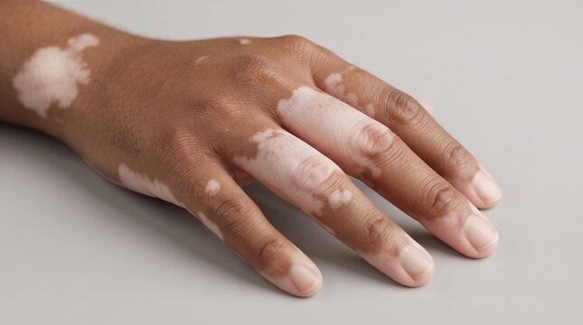 Close up of a dark skinned hand with vitiligo showing depigmentation and white patches