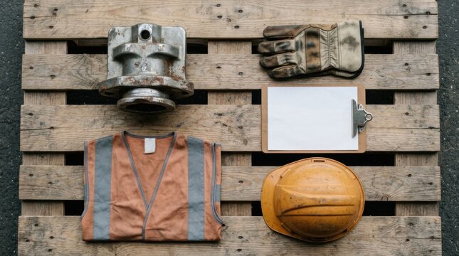 Logistics gear knolled on a pallet: container twist-lock fitting, dockworker gloves, cargo manifest clipboard, hi-vis vest, and hard hat.