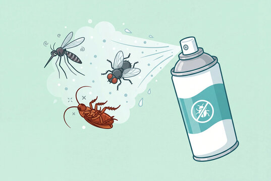 Cartoon illustration of insecticide spray can killing mosquito, fly and cockroach on mint green background