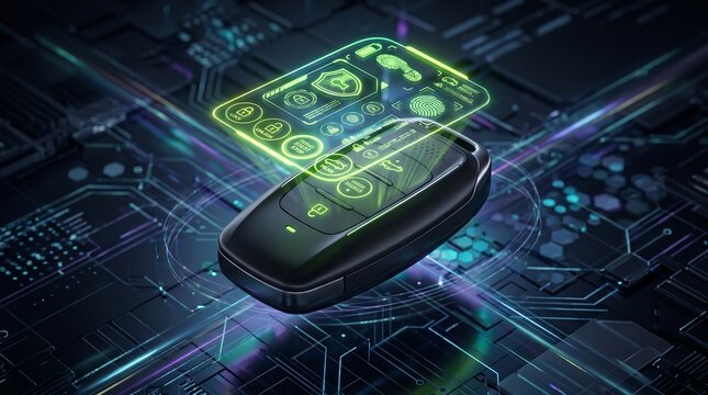 Advanced smart car key fob with holographic lime neon interface and acid green security technology in a futuristic automotive setting
