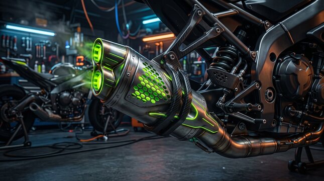 High-performance cyber motorcycle racing exhaust with titanium muffler, carbon composite bracket and glowing acid green lime neon vents