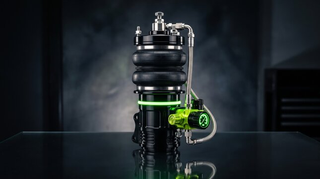Premium automotive air suspension component with anodized aluminum housing, precision fittings and refined acid green lime neon illumination