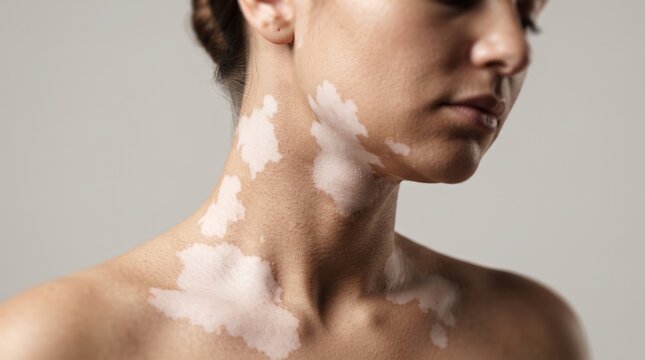 Close up of a young woman's neck and collarbone displaying prominent vitiligo depigmentation patches