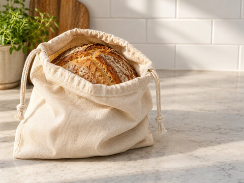 Rustic loaf in an open cotton drawstring bread bag on a sunny kitchen counter