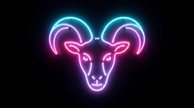 A glowing neon ram head sign with vibrant blue and pink lights on black background with against dark background sign shape head glows illustration luminescent with minimalist