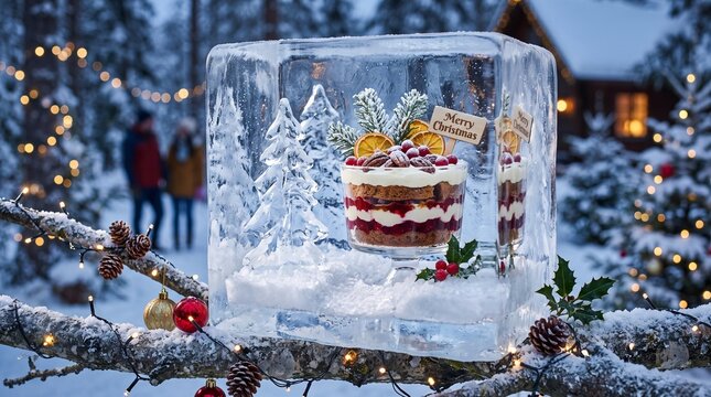 Layered berry cake inside a carved ice cube sculpture in a winter forest