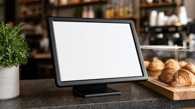 Pos blank screen display mockup on a coffee shop counter for point of sale template design