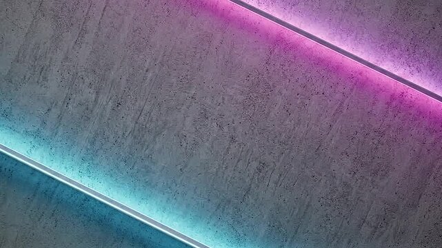 Concrete wall background with glowing pink and blue neon light strips