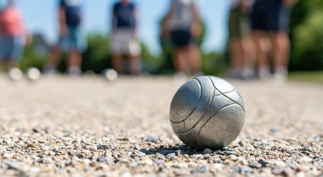 Petanque and boules metal ball on a gravel court during an outdoor leisure game sport activity