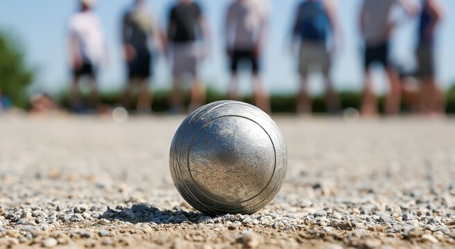 Petanque metal boule ball on a gravel court during an outdoor leisure sport game competition