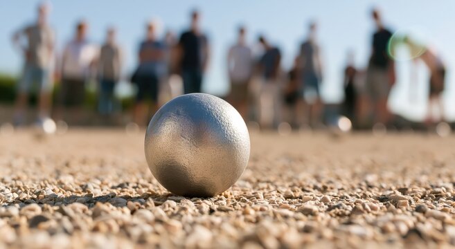 Petanque game with a shiny metal boules ball resting on a gravel court during an outdoor sport